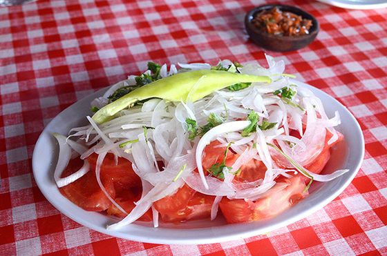 Ensalada chilena de tomate y cebolla en pluma, servida en plato hondo.